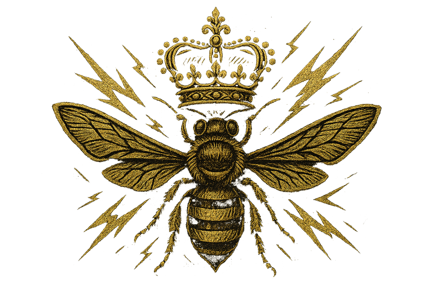 Close-up detail of gold crowned bee logo with lightning bolts design