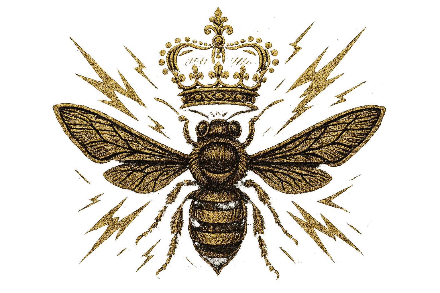 Close-up detail of gold crowned bee logo with lightning bolts design