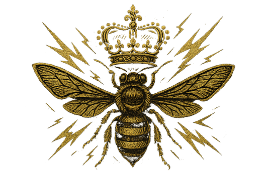 Close-up detail of gold crowned bee logo with lightning bolts design