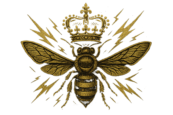 Close-up detail of gold crowned bee logo with lightning bolts design